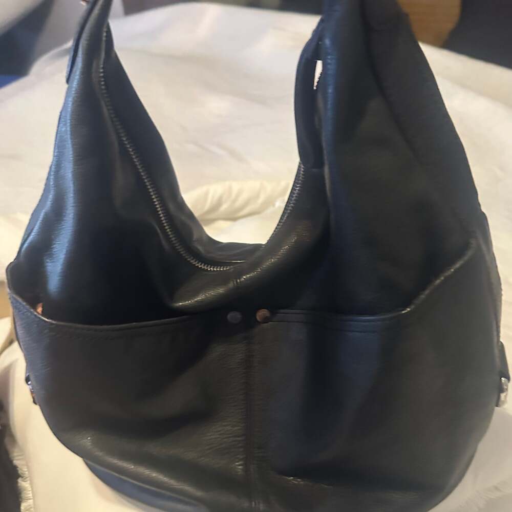 Black Leather Hobo Bag with Zipper Accents